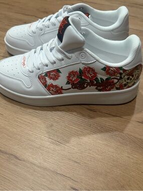 Ed Hardy floral White Sneakers with Red Rose Graphic NWOT